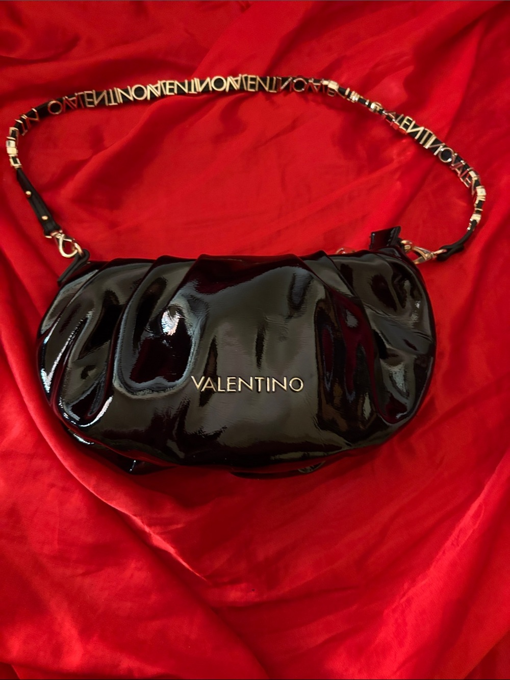 Valentino Black Patent Leather Shoulder Bag with Gold Chain Strap - Picture 2 of 4